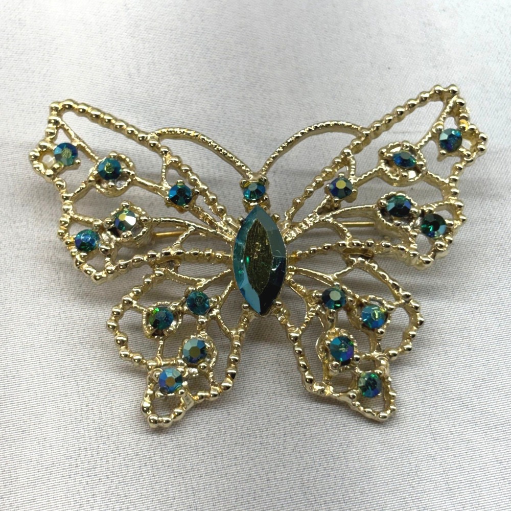 Grosse Butterfly Brooch Women OS Gold Teal Excellent Vintage Filigree Rhinestone
